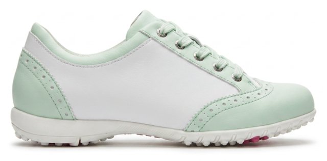 Chaussure de golf femme blanche et vert d'eau, vue de trois quarts