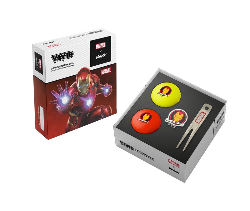 Volvik VIVID MARVEL IRONMAN pack de balles de golf (2 balles + marqueur + fourchette), mix de couleurs