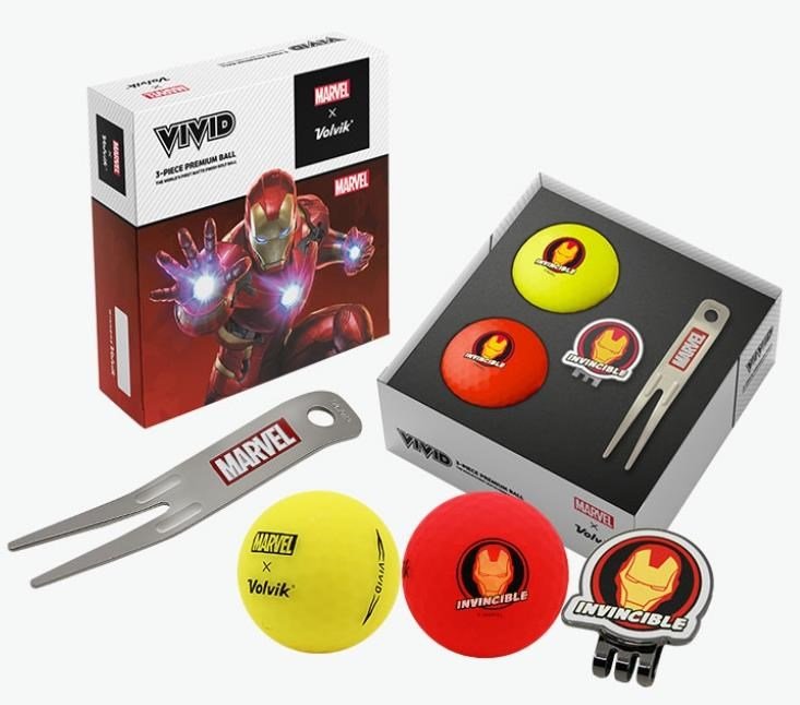Volvik VIVID MARVEL IRONMAN pack de balles de golf (2 balles + marqueur + fourchette), mix de couleurs