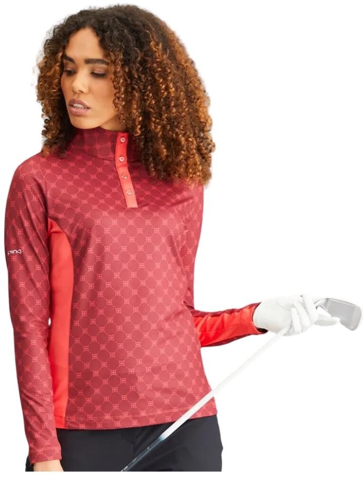 PING Lolette Printed long sleeve polo femme, tibetan red multi/cayenne