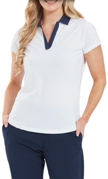FootJoy Cap Sleeve Print Trim Lisle polo femme, blanc/marine