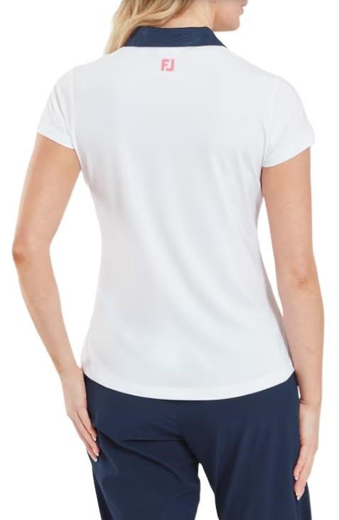 FootJoy Cap Sleeve Print Trim Lisle polo femme, blanc/marine