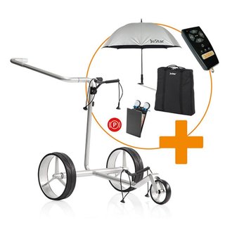 JuStar Carbon Light SET (incl. umbrella, scorecard holder, carry bag, el. parking brake) + REMOTE CONTROL chariot électrique, titanium