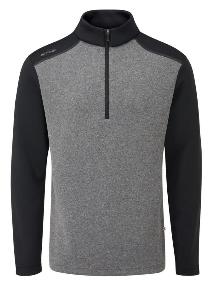 PING Ramsey half zip ribbed fleece pullover homme, noir chiné/noir