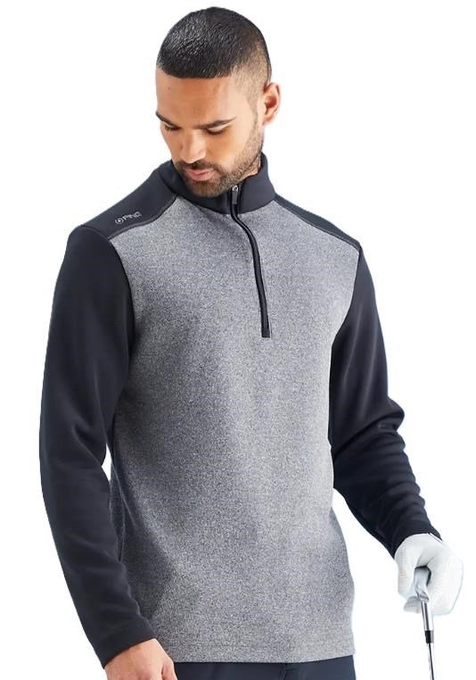 PING Ramsey half zip ribbed fleece pullover homme, noir chiné/noir