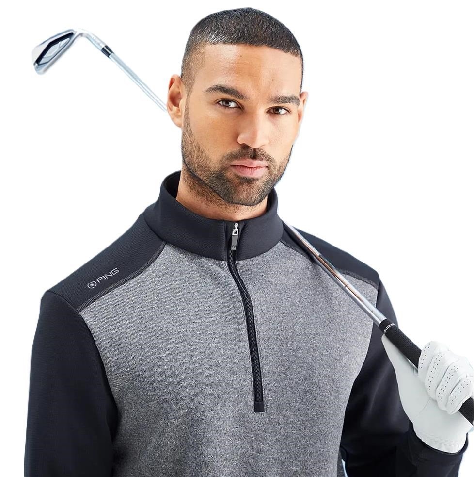 PING Ramsey half zip ribbed fleece pullover homme, noir chiné/noir