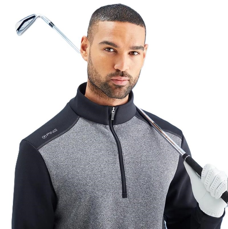 PING Ramsey half zip ribbed fleece pullover homme, noir chiné/noir