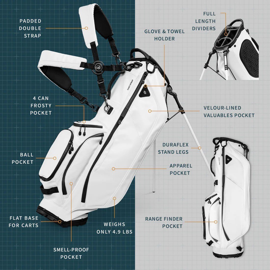 Sunday Golf Ryder S-Class stand bag, blanc