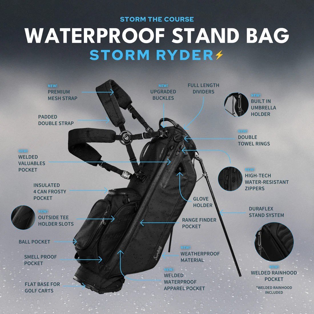 Sunday Golf Storm Ryder stand bag, noir