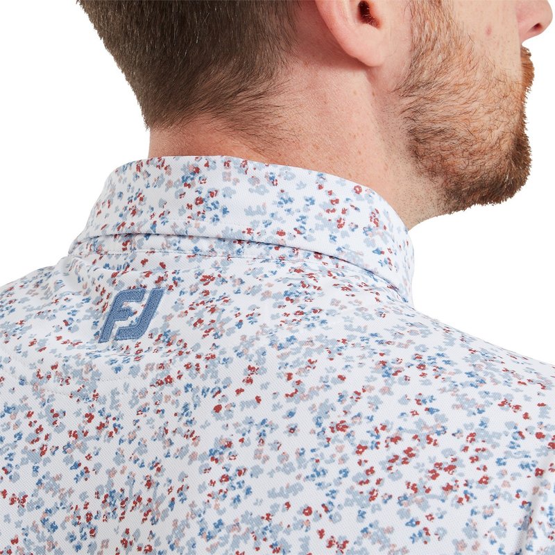 FootJoy Watercolour Floral Print Pique polo homme, blanc/chambray/nantucket red