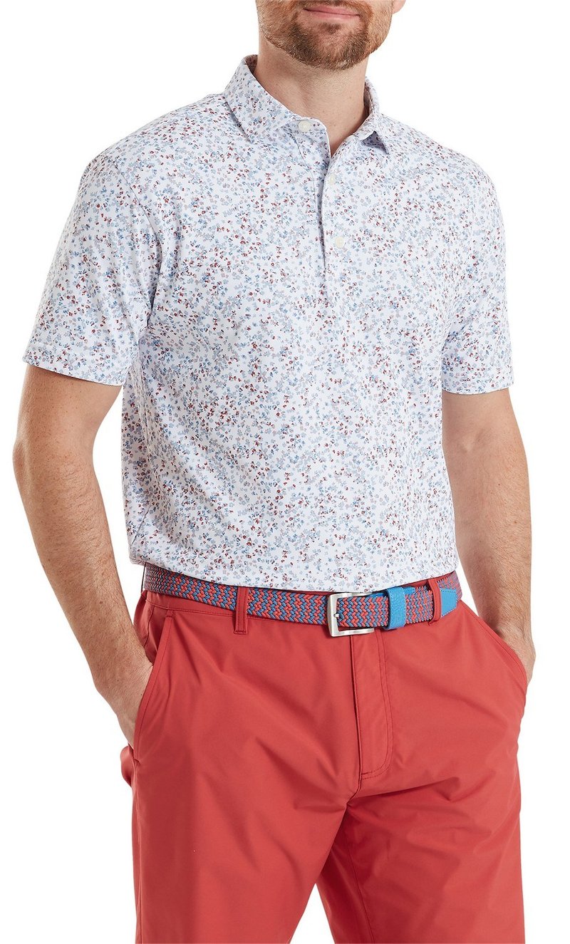 FootJoy Watercolour Floral Print Pique polo homme, blanc/chambray/nantucket red