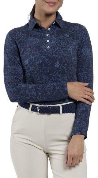 KJUS Hollow Pima Print longsleeve polo femme, atlanta blue/atlanta blue