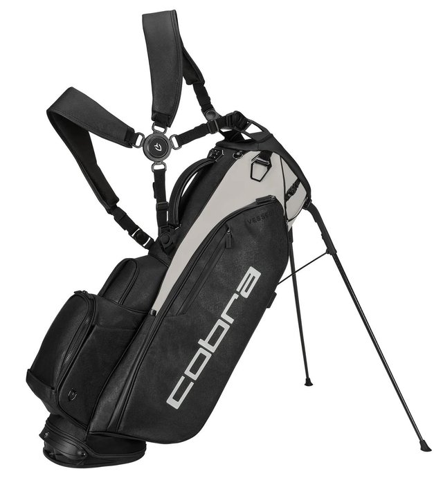 Sac de golf trépied gris et noir, pieds déployés
