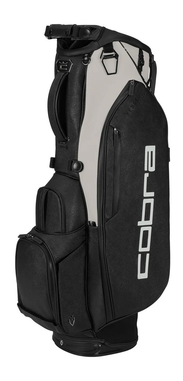 Sac de golf trépied gris et noir posé sur ses pieds