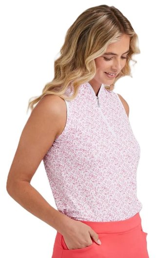 PING Penola Printed Sleeveless polo femme, fuchsia foliage