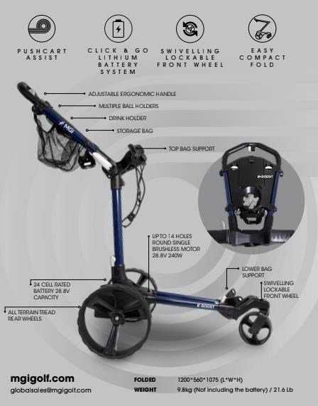 MGI E-Boost hybrid golf trolley 2026 chariot électrique, bleu mat