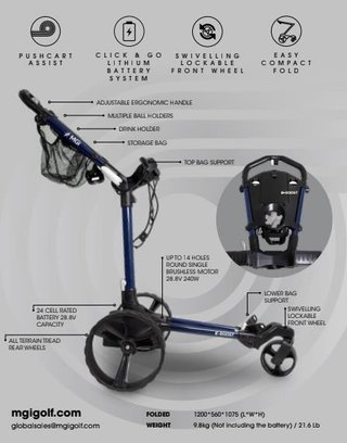 MGI E-Boost hybrid golf trolley 2026 chariot électrique, bleu mat