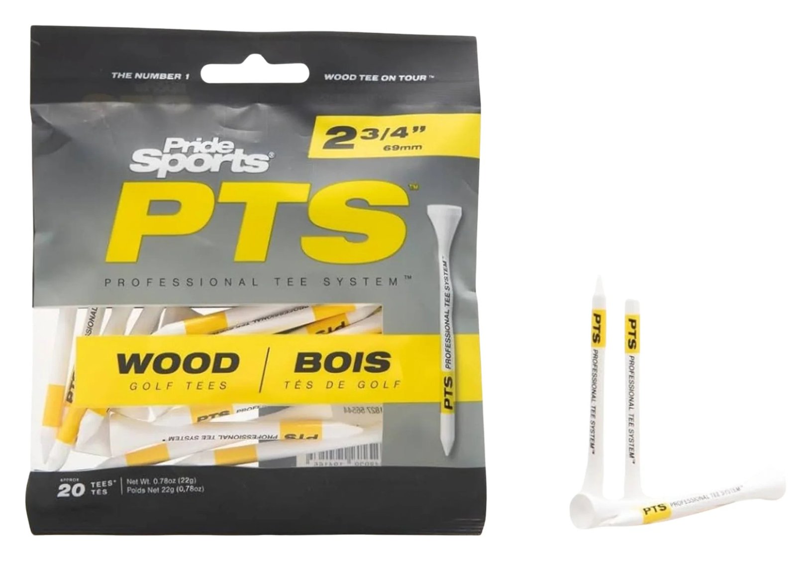 Pride Professional Tee System Prolength Yellow tees en bois 69mm (2 3/4"), 20 tees