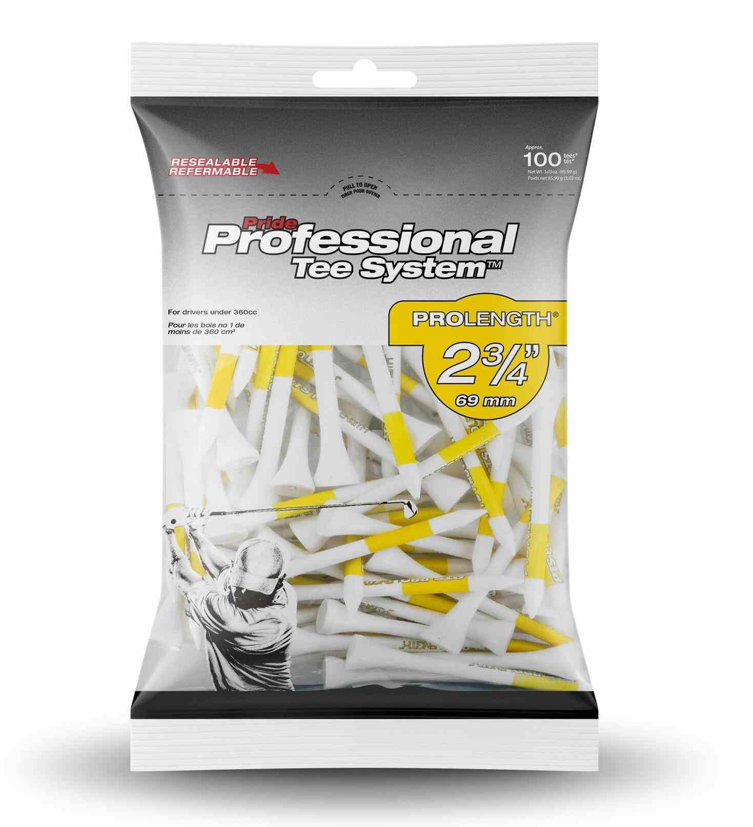 Pride Professional Tee System Prolength Yellow tees en bois 69mm (2 3/4"), 100 tees
