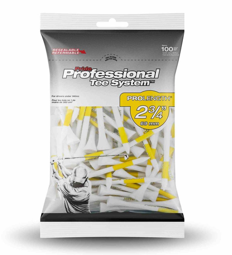 Pride Professional Tee System Prolength Yellow tees en bois 69mm (2 3/4"), 100 tees