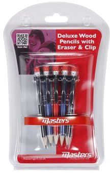 Masters Wood Pencils avec clip & gomme, 5 pièces, couleurs assorties