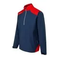 Vue détaillée du blocage des couleurs Bleu Oxford et Rouge Classique sur la veste Ping AquaDrive