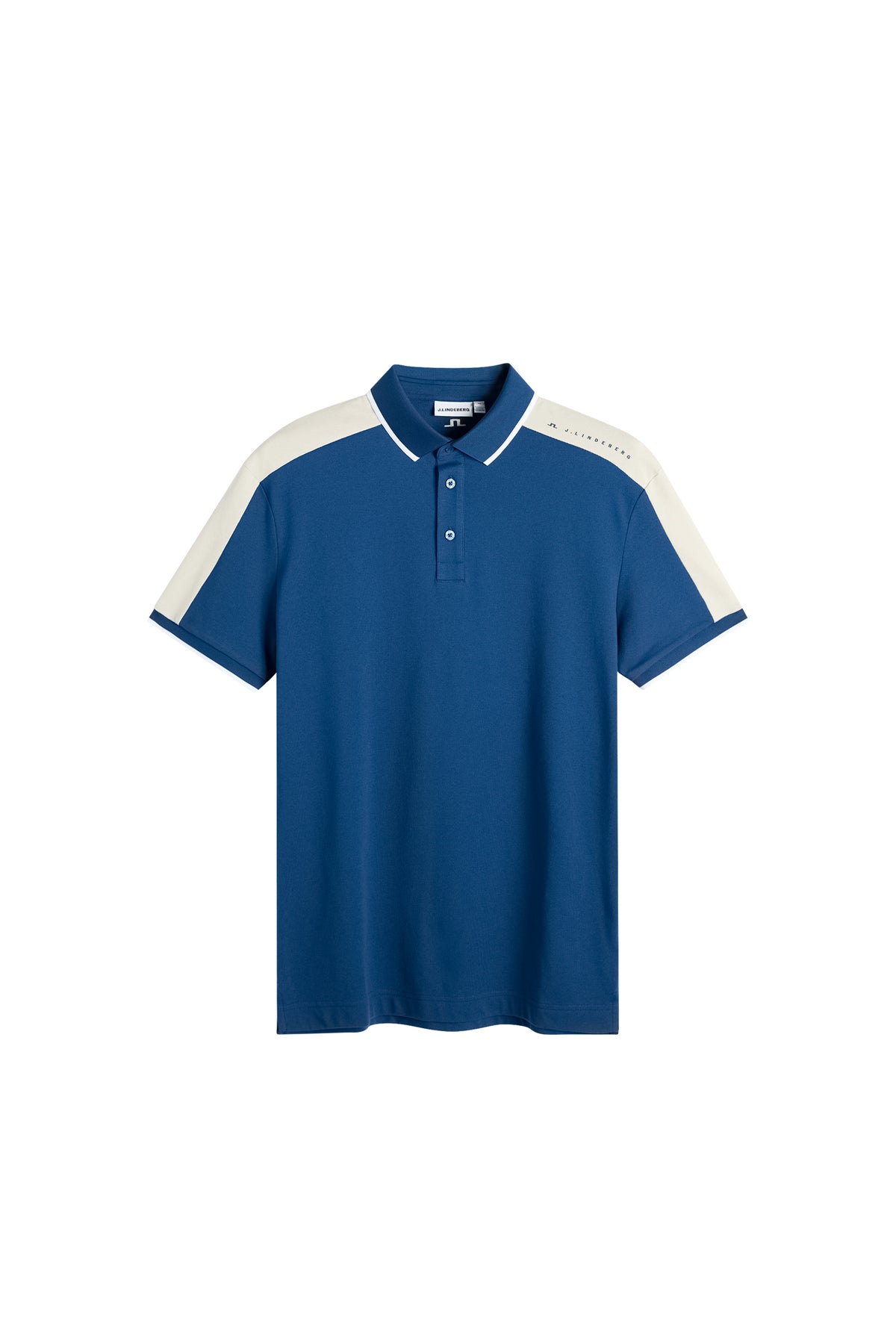 Polo J.Lindeberg Jace Estate Blue – vue de face montrant le tissu respirant et les empiècements d'épaules contrastés
