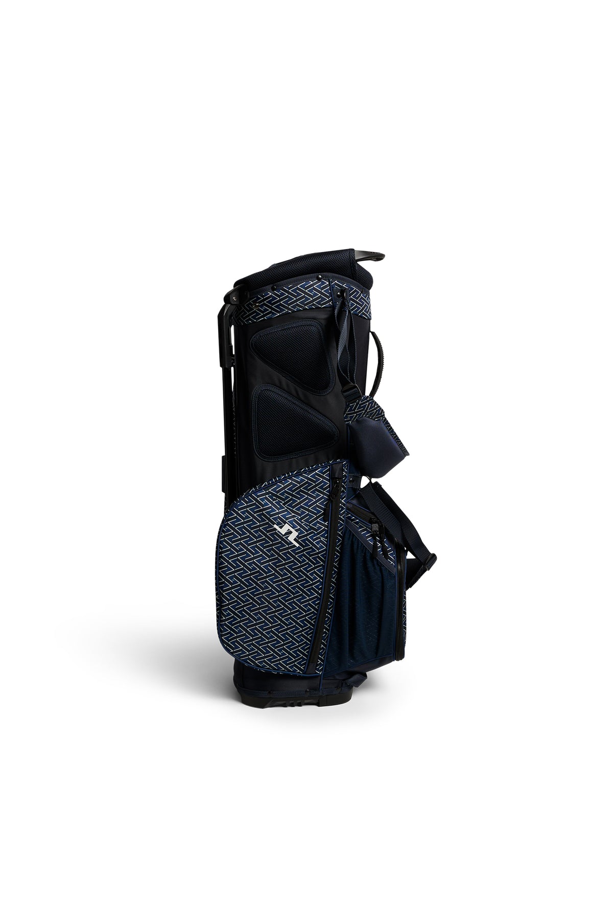 Détail de la sangle et des compartiments du sac de golf trépied imprimé J.Lindeberg JL Flare