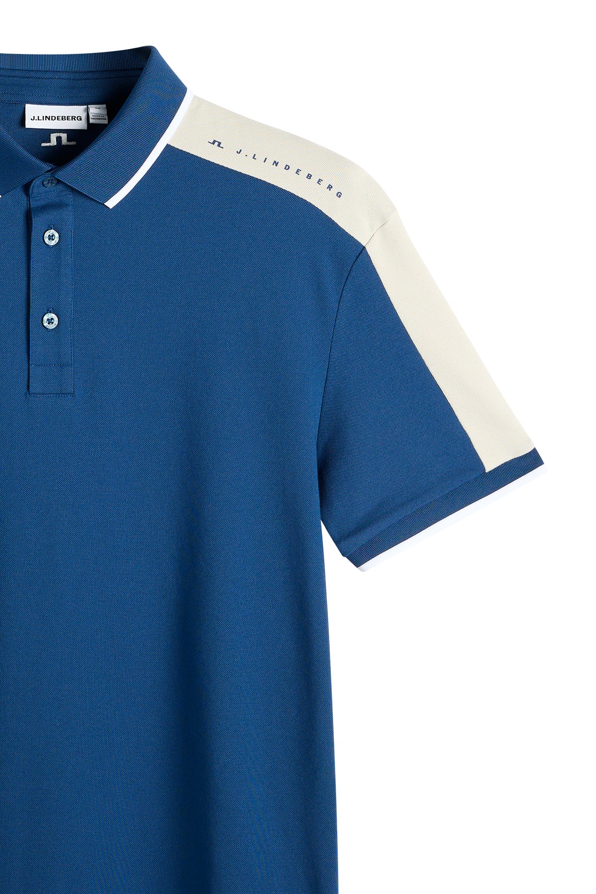 Polo J.Lindeberg Jace Estate Blue – vue arrière montrant le logo Bridge et les empiècements d'épaules coupés-cousus