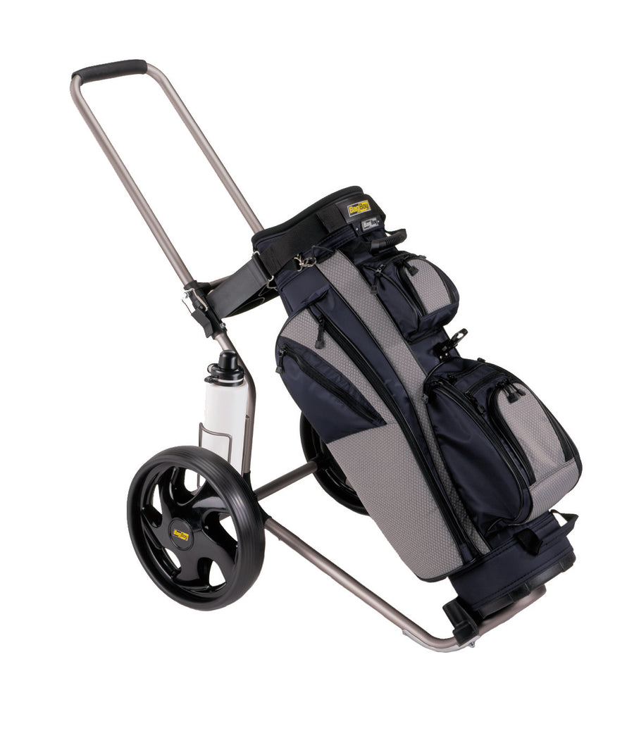 Bag Boy Rental Dual Tube avec sac installé, montrant le cadre pliable