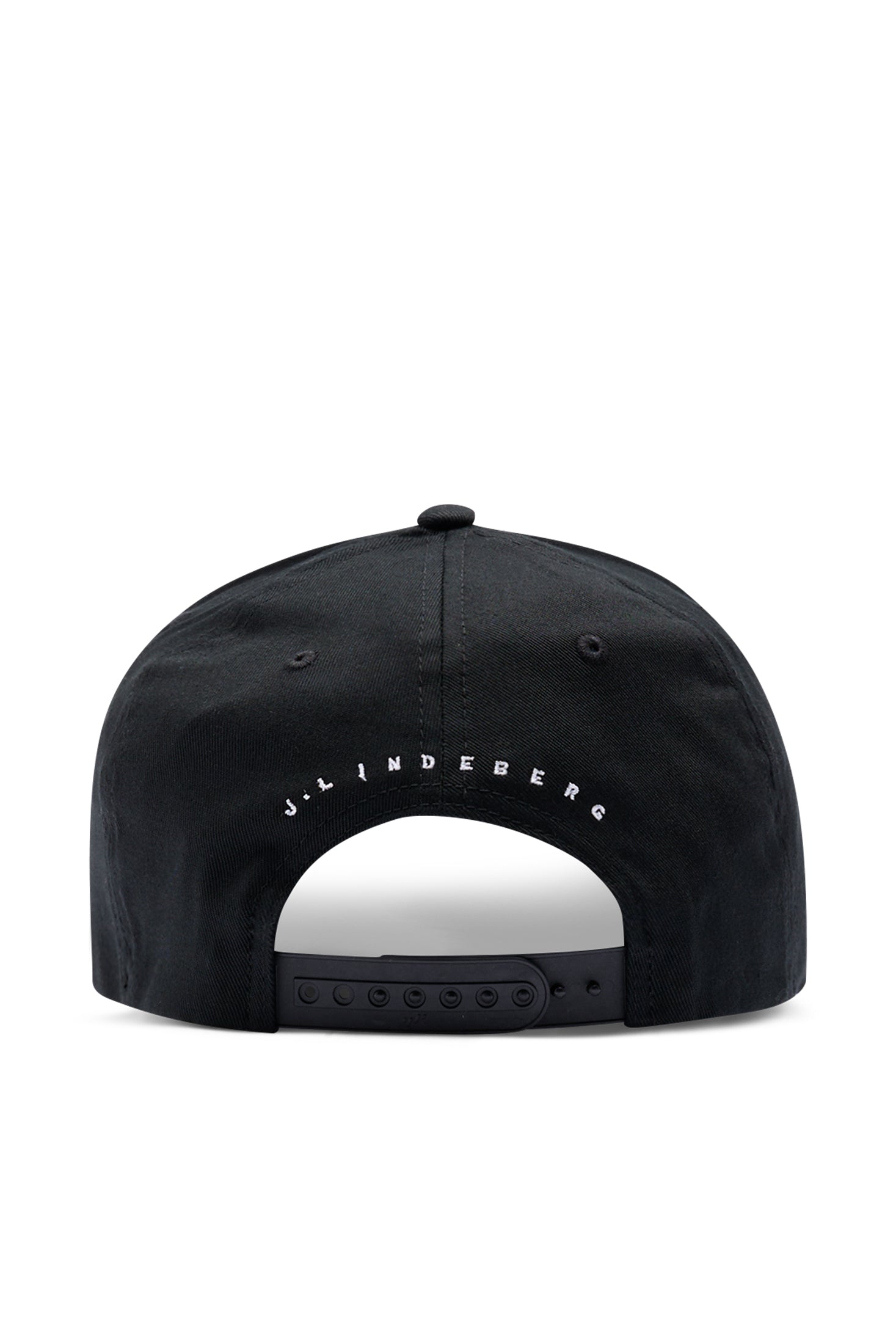 Casquette J.Lindeberg Heath Noir – détail du marquage latéral et arrière montrant le logo Bridge 3D et le lettrage J.LINDEBERG