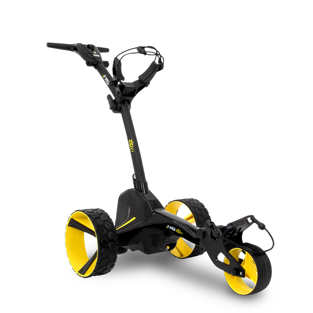Chariot de golf électrique MGI Zip X1 – vue avant montrant le moteur et l'électronique numérique