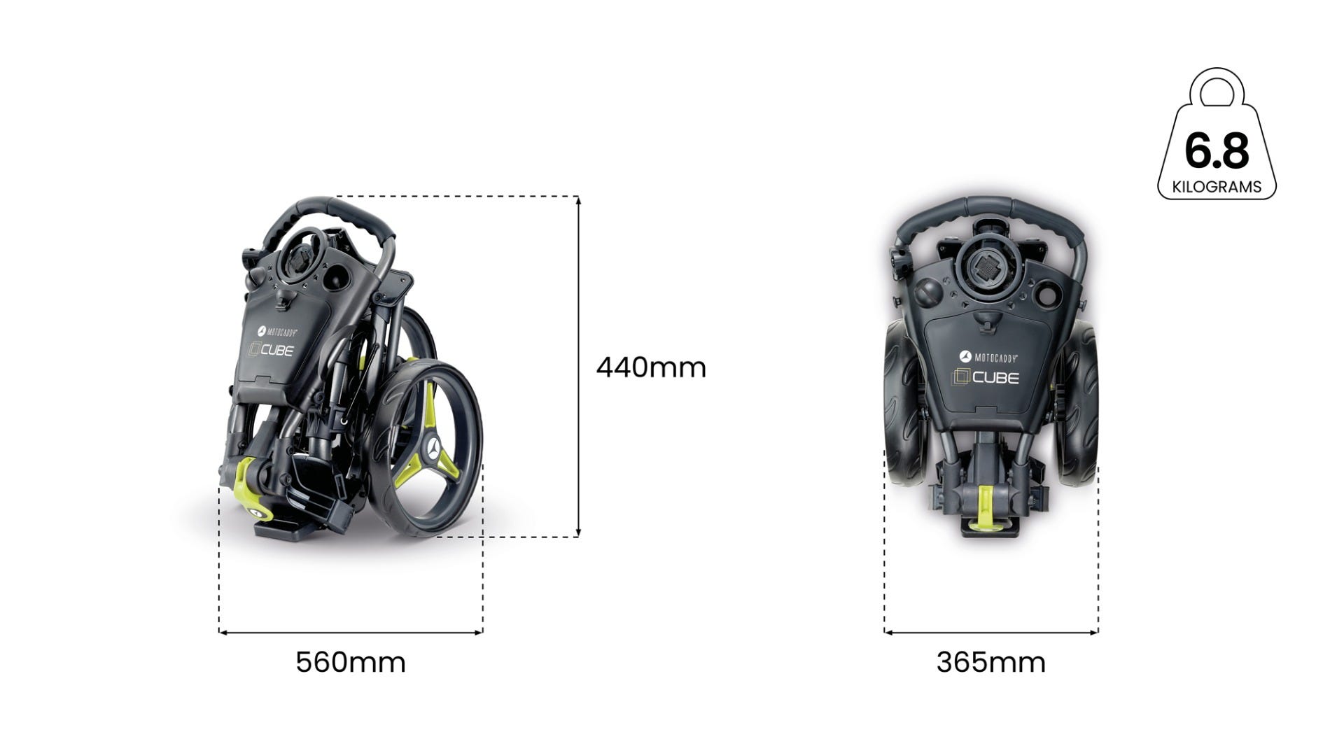 Schéma des spécifications, des roues et des dimensions du Motocaddy CUBE