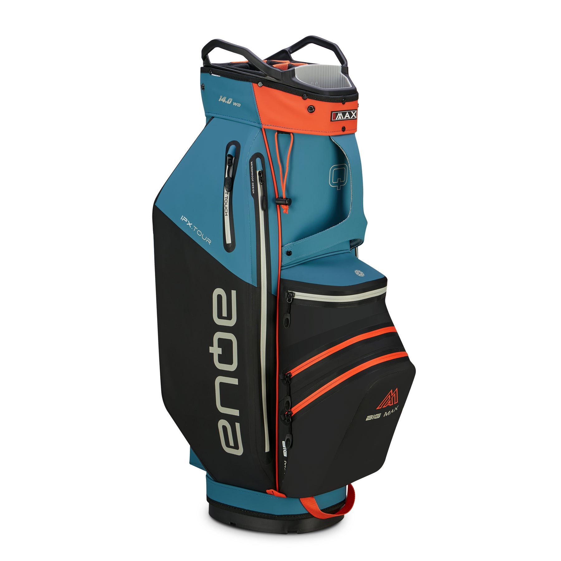 Côté gauche du sac chariot Big Max AQUA IPX.Tour montrant le top organiseur à 14 compartiments et les poches
