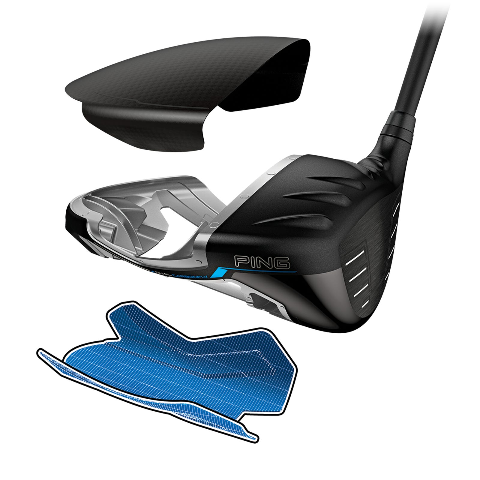 Illustration éclatée de la couronne et de la semelle du driver G440 K montrant le Dual Carbonfly Wrap