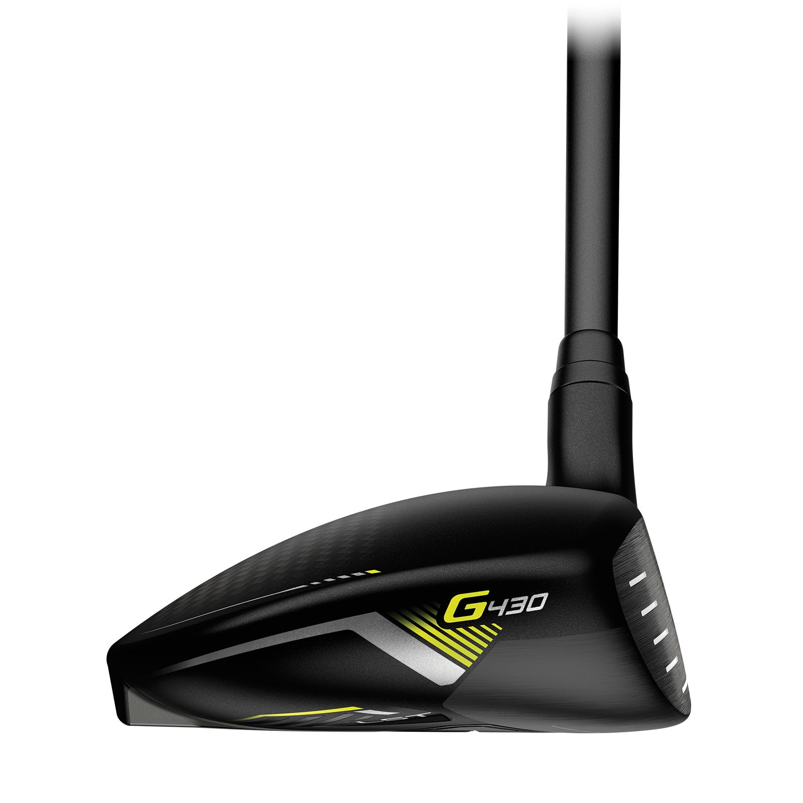 Bois de parcours PING G430 LST 3-wood vu de la pointe montrant la technologie de la face