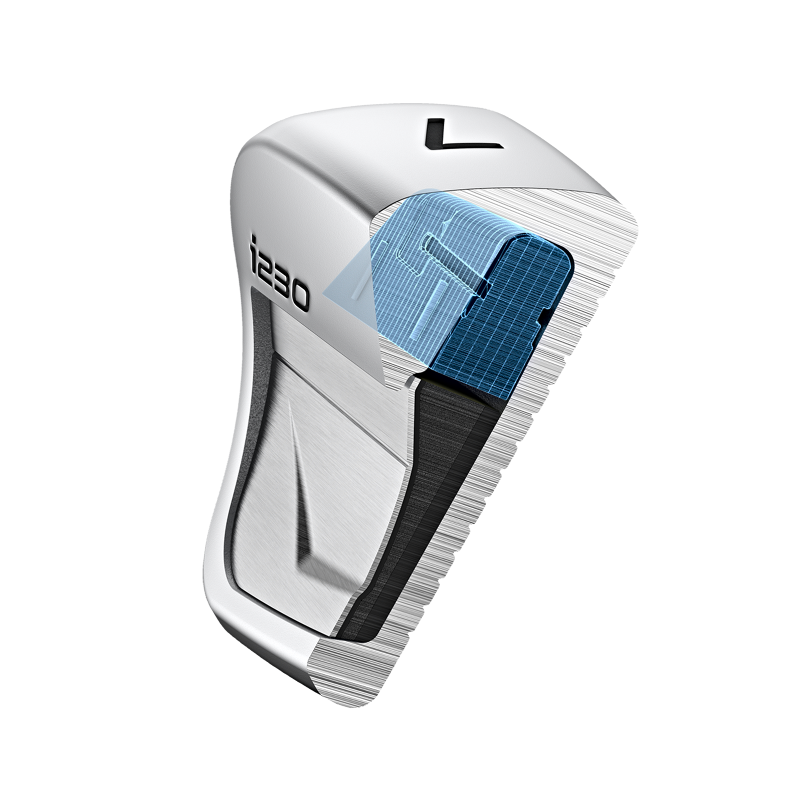 Illustration en coupe du fer PING i230 montrant l'insert en élastomère et le placement du centre de gravité