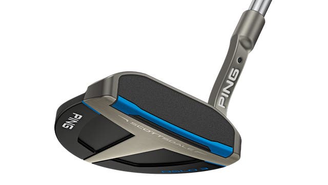 Vue de la face et de la semelle du putter Ping Scottsdale montrant la finition nickel noir et PVD