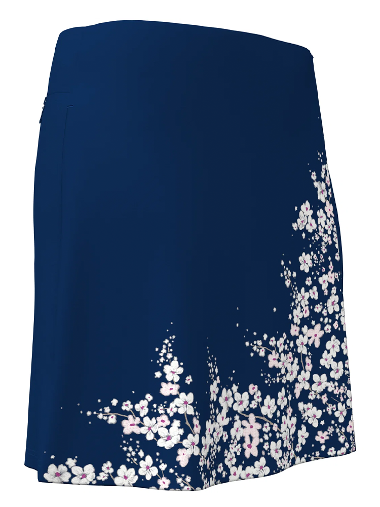 Jupe-short Callaway à imprimé floral et design portefeuille bleu profond – vue arrière montrant la longueur et le motif floral
