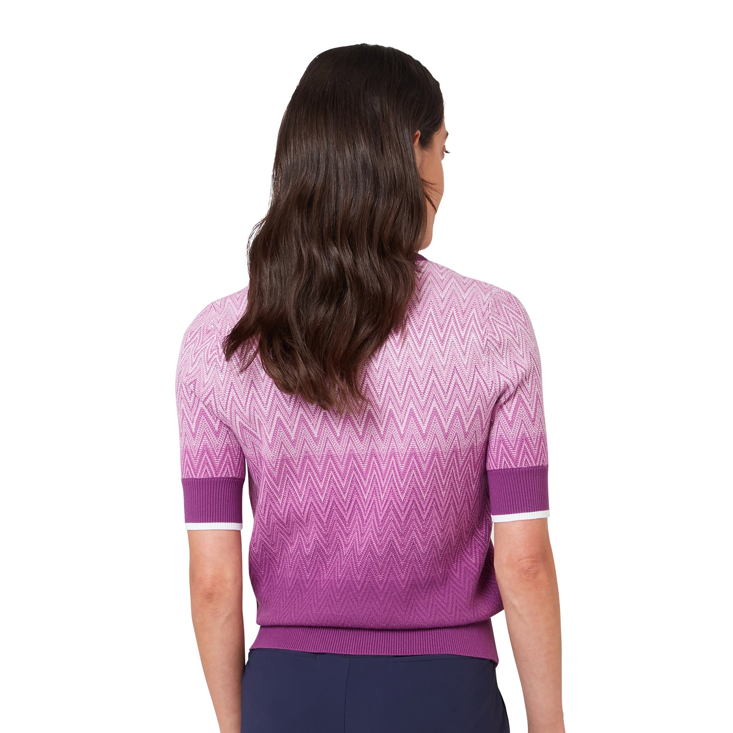 Polo tricoté dégradé Callaway pour femme – détail du col côtelé et de la patte de boutonnage