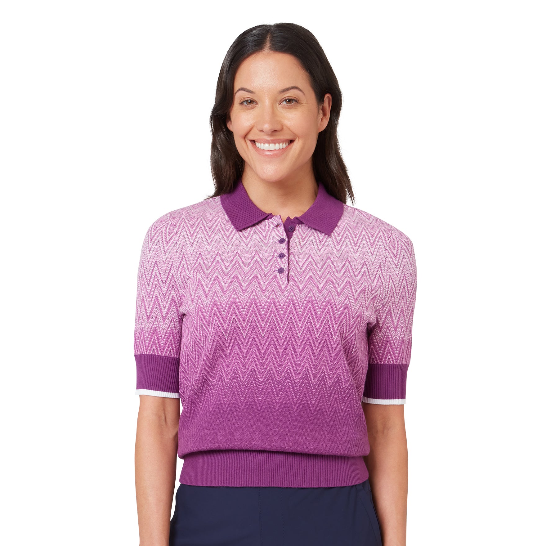 Polo tricoté dégradé Callaway pour femme – vue de face montrant le motif chevron dégradé