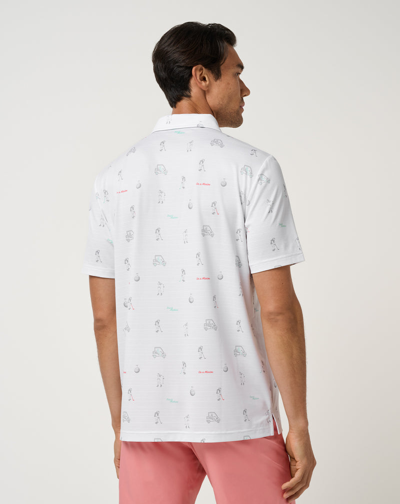 Polo Travis Mathew On A Mission – détail de la perforation rayée et du graphique d'astronaute