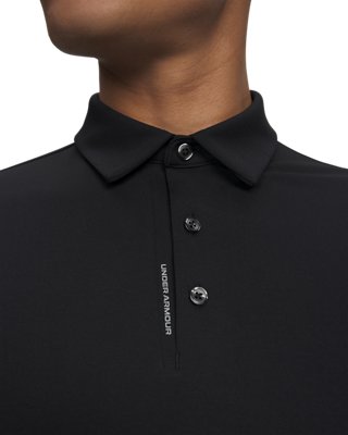 Détail du col et de la patte de boutonnage du polo UA ArmourDry montrant les baleines de col structurées et la patte de boutonnage collée