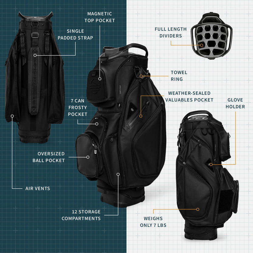 Sac de golf chariot Big Rig S-Class en cuir végétalien noir avec les caractéristiques clés étiquetées