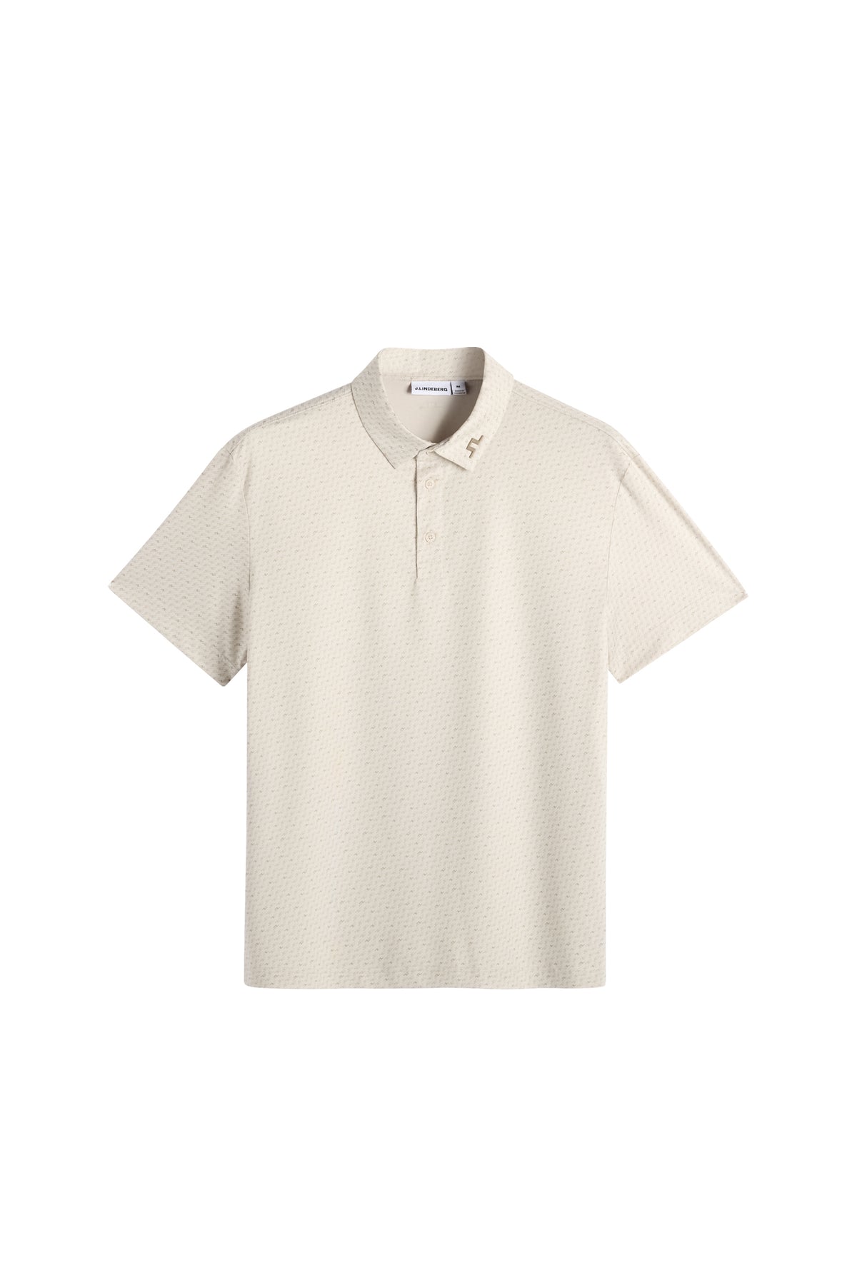 Polo J.Lindeberg Tod Print micro lune bringée pont biais – vue de face montrant le tissu TX Stretch Jersey et l'imprimé intégral