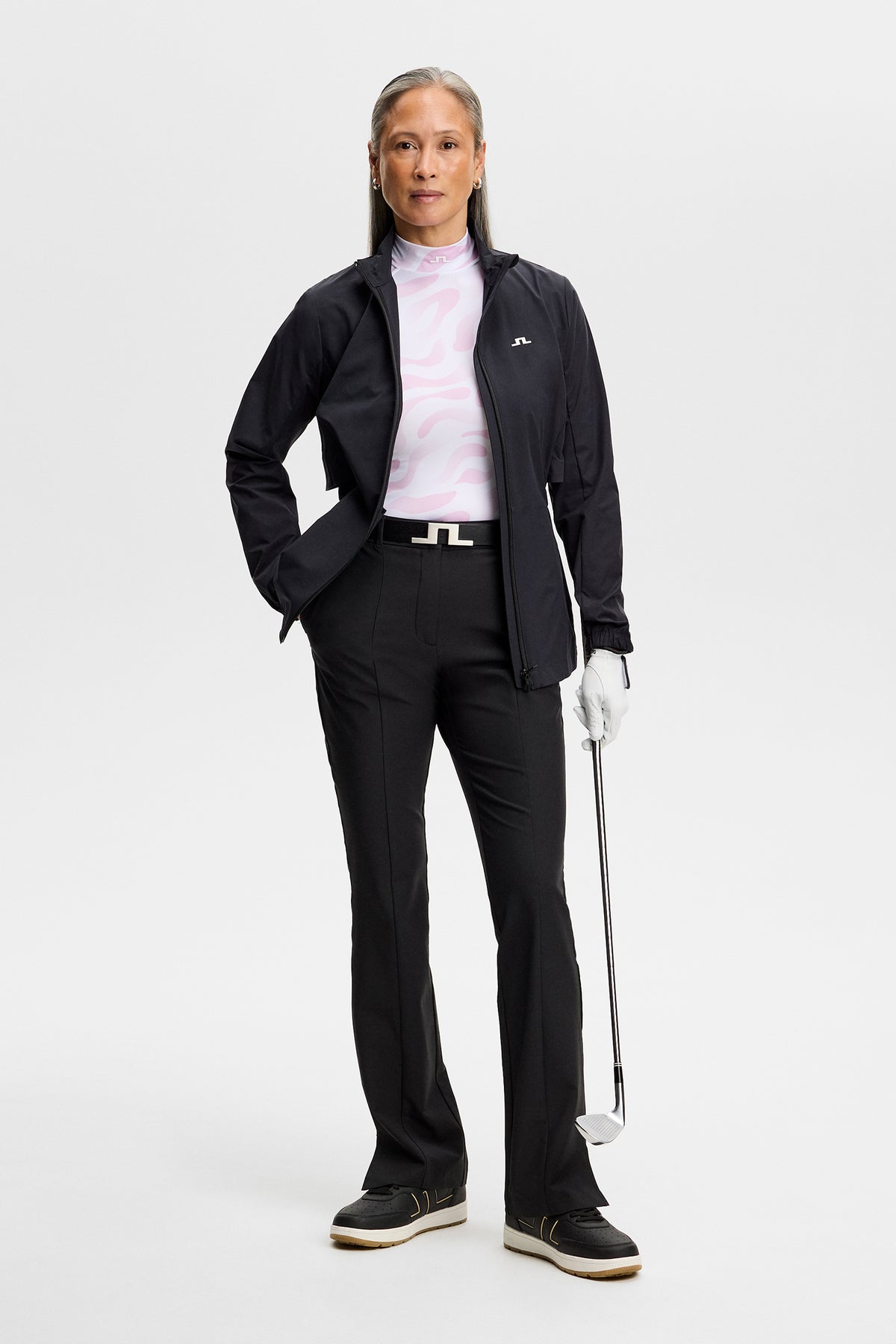 Haut de compression J.Lindeberg Ella Print – détail de l'imprimé intégral Bunker Fade Blanc Orchidée