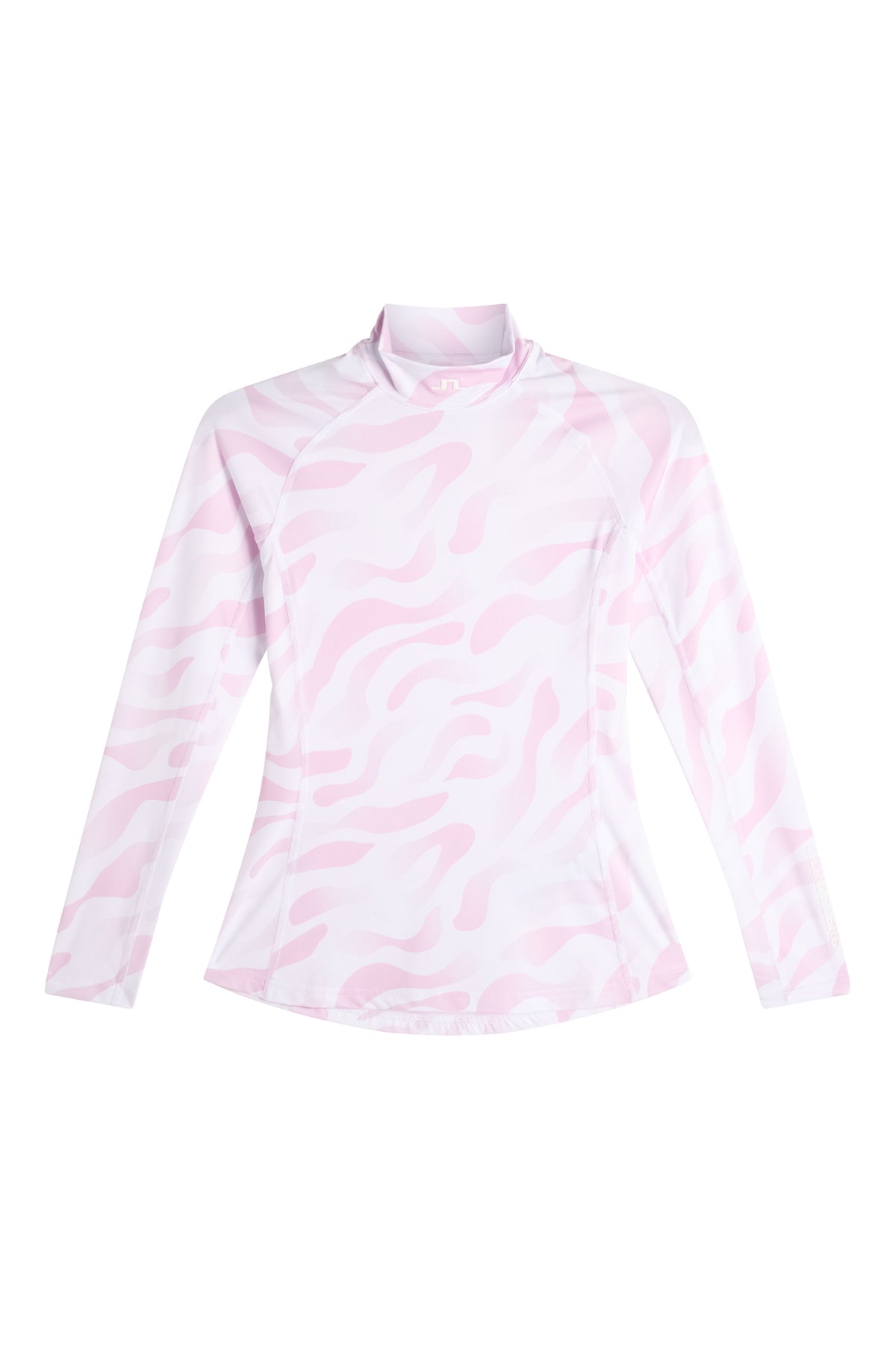 Haut de compression J.Lindeberg Ella Print – détail lifestyle montrant l'imprimé et le col montant