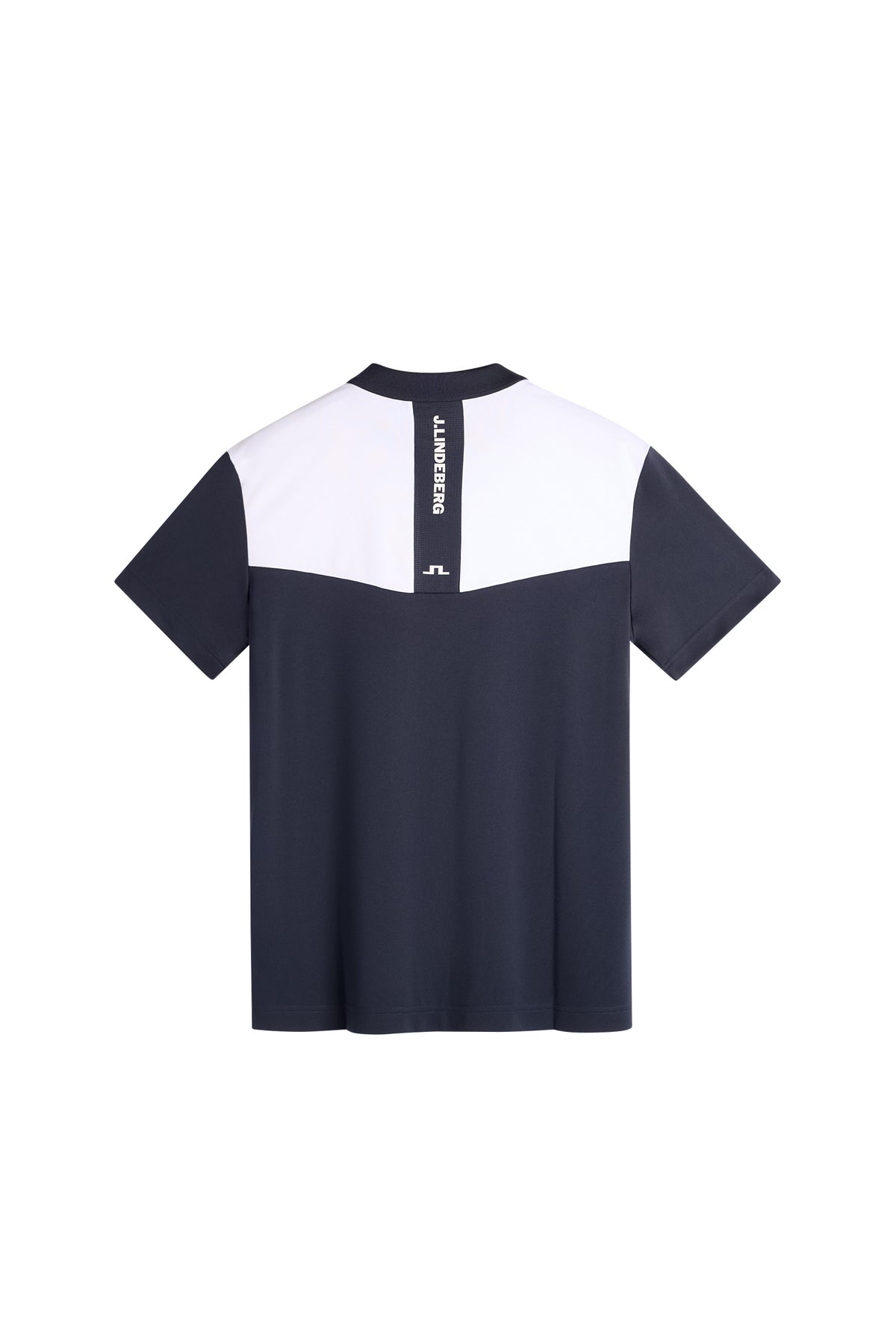J.Lindeberg Calex Polo JL Navy – vue de dos montrant l'insert en mesh avec l'imprimé J.Lindeberg ton sur ton