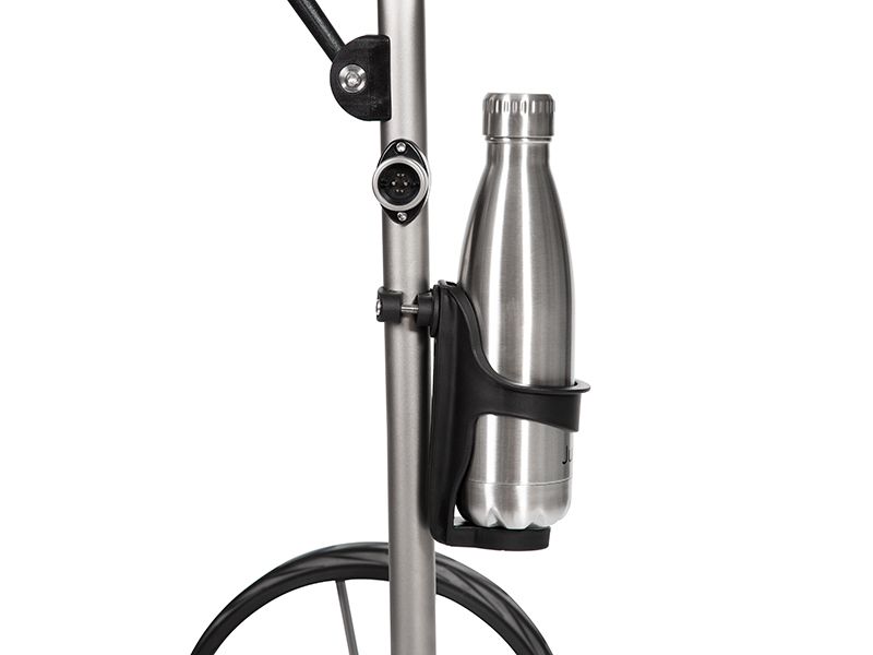 Support de bouteille JuCad présenté avec une bouteille exemple sur le chariot (bouteille non incluse)