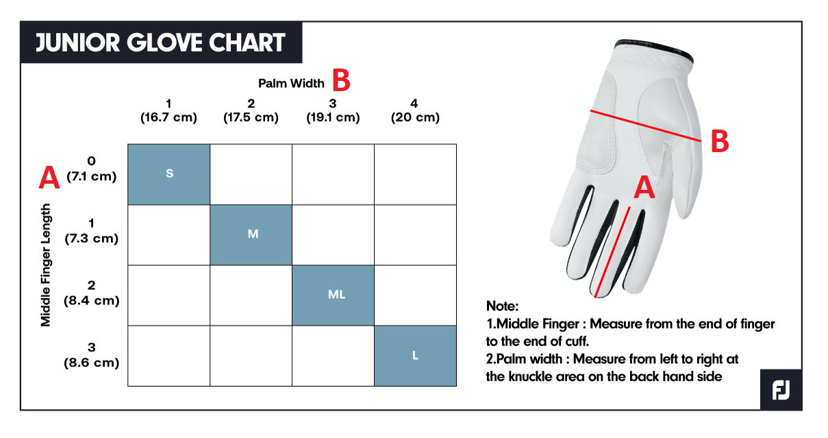 Tableau du guide des tailles du gant FootJoy FJ Junior